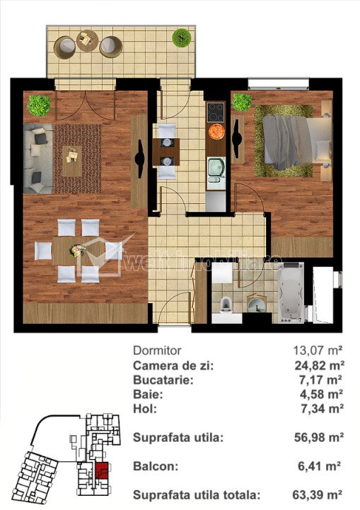 Apartament cu 2 camere decomandate+parcare subterana, Platinia Centru