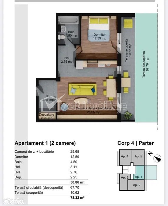 Apartament nou, cu 2 camere, 51mp+78mp terasa, Baciu