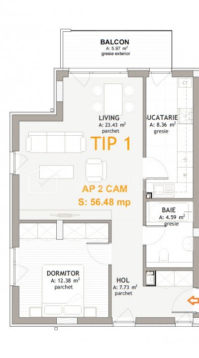 Apartament 2cam, 56.50mp, decomandat, imobil elegant Borhanci zona TCI