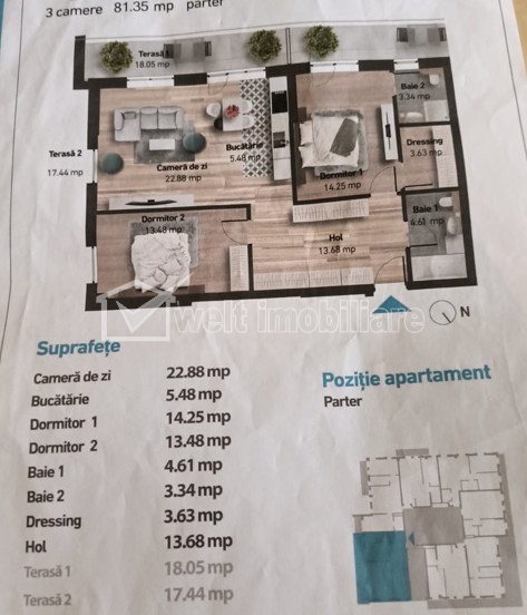 Apartament 3 camere, 82 mp, 2 terase, parcare subterana + boxa, incluse
