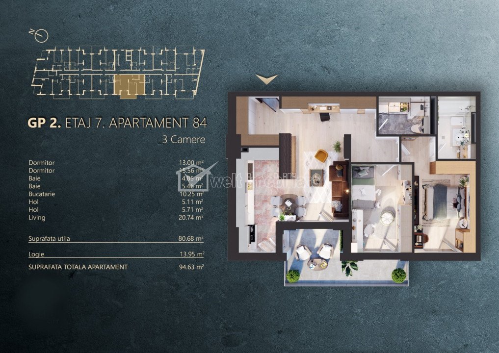 Apartament cu 3 camere 94.63 mp, bloc Smart Ready
